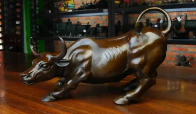 

12" Large Bronze Old Wall Street Bull Market Stock Cattle Figure Fierce Statues