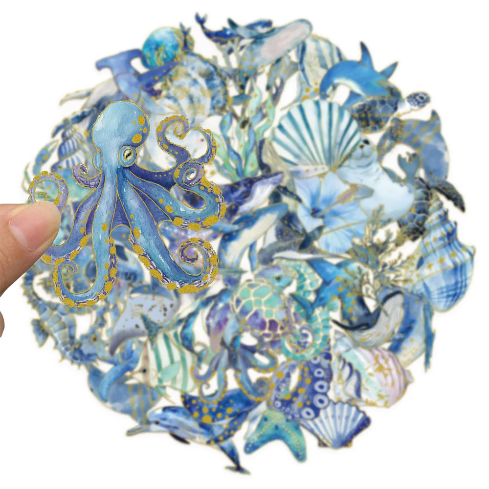 50 STKS Marine Life Gouden Decoratieve Stickers, Geschikt voor Computer Plakboeken, Koelkasten, Telefoonhoesjes, Speelgoed Decoratieve Sticker