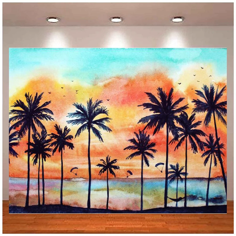 

Summer Beach Photography Backdrop Palm Tree Sunset Oil Painting Abstract Hawaii Vacation Background Banner Poster Photo Studio