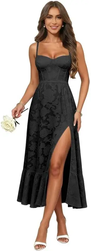 Floral Bridesmaid Dresses for Women Spaghetti Strap Summer Midi Wedding Guest Dress A‑Line Formal Evening Party Maxi Dress