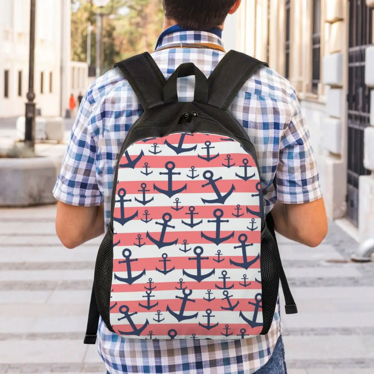 Nautical Coral Stripe Navy Blue Anchor Pattern Laptop Backpack Women Men Bookbag for College School Student Sailing Sailor Bags