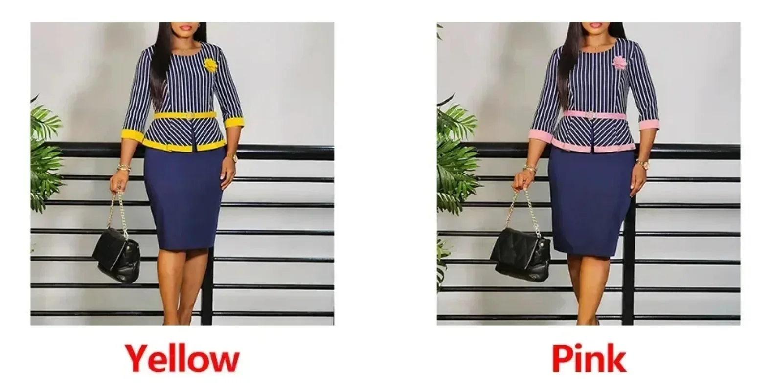 Retro Elegant Church Dresses for Women Striped Peplum 3/4 Sleeves O Neck Classy African Female Gown Office Ladies Modest Fashion