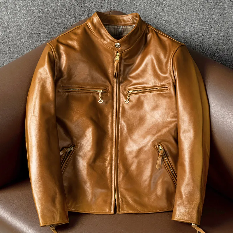 Oil wax first layer cowhide leather men's youth stand-up collar short slim jacket