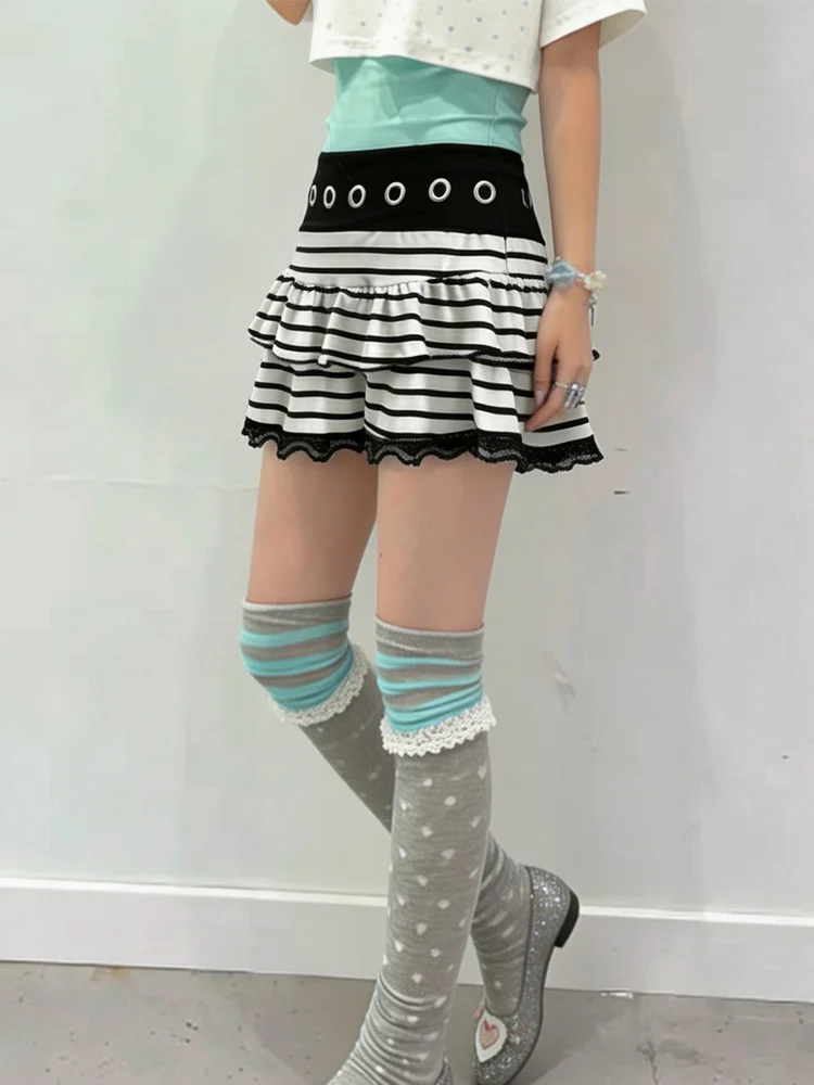 Summer Y2K Sweet Striped Layered Mini Skirt for Women Gothic Lace Harajuku Casual Cute Millennium Style Spicy Girl Short Skirt
