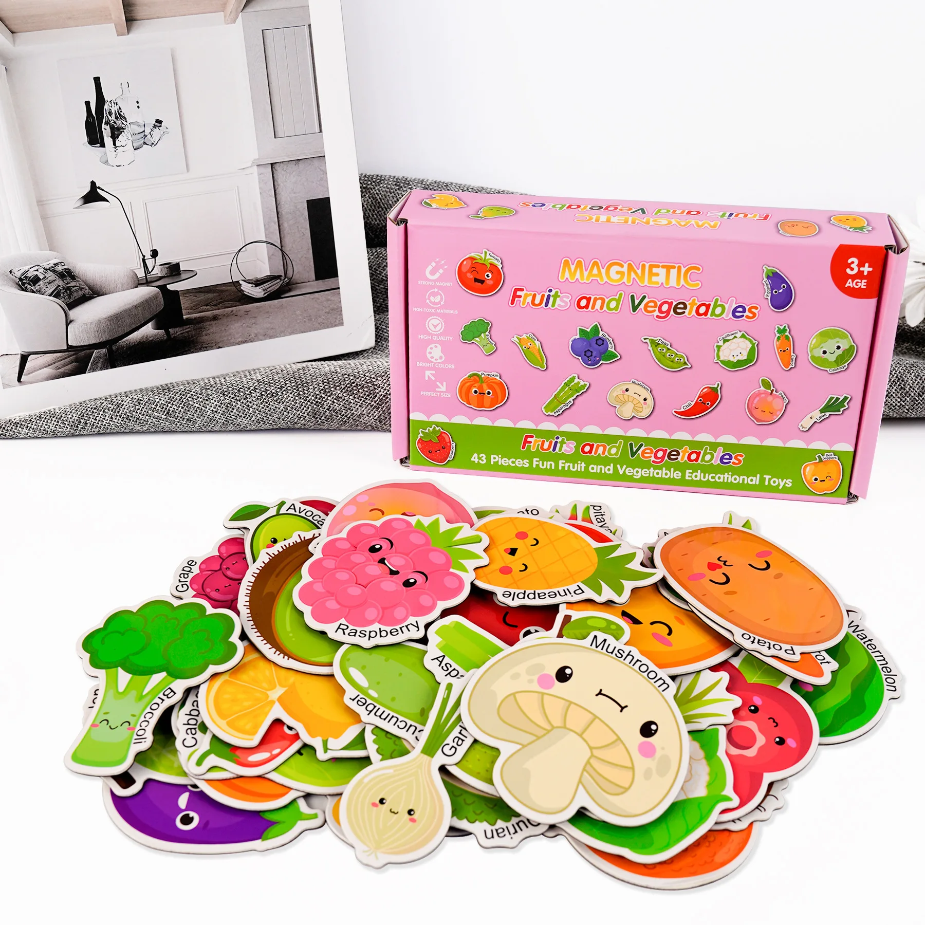 Fruits Vegetables Fridge Magnets Ornament 43pcs/set Cute Cartoon Cardboard Refrigerator Magnets Sticker Gift Home Decoration