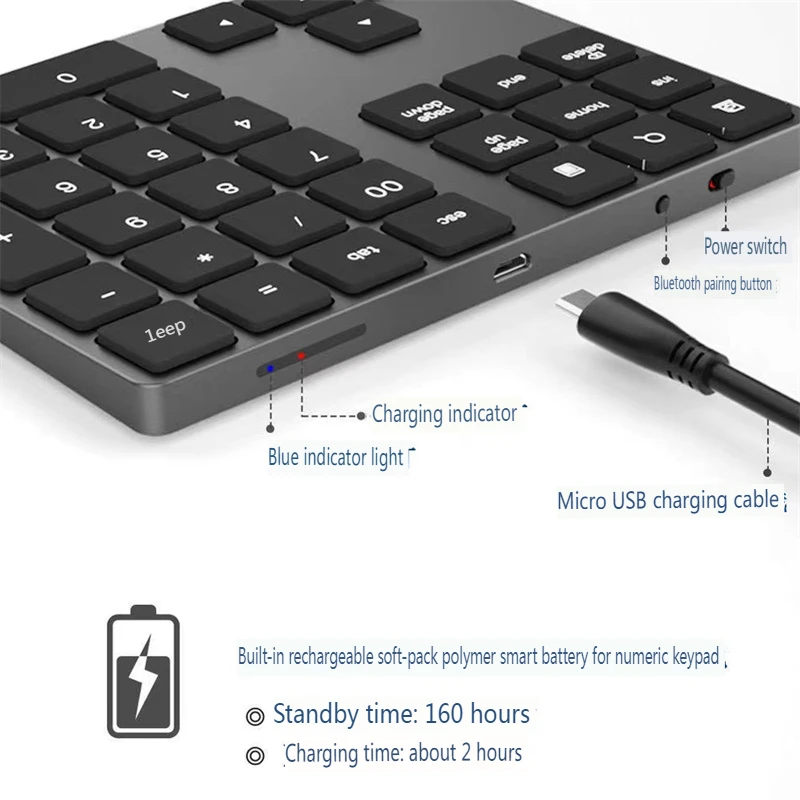 Wireless Numeric Keyboard Bluetooth Pad Thin Rechargeable Keyboard Portable Digital Keypad metal for Android Window