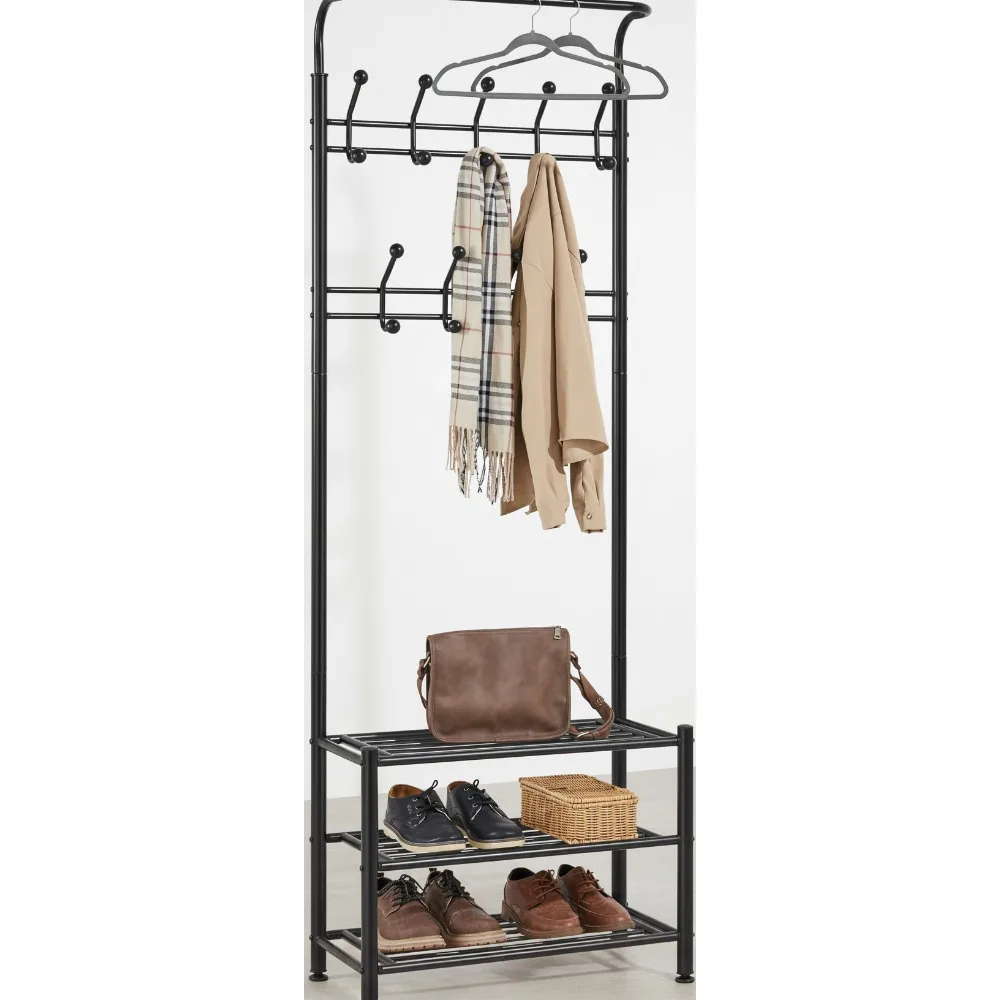 

3-in-1 Entryway Hall Tree with 18 Hooks & Shoe Storage Bench, Modern Metal Coat Rack for Home Organization