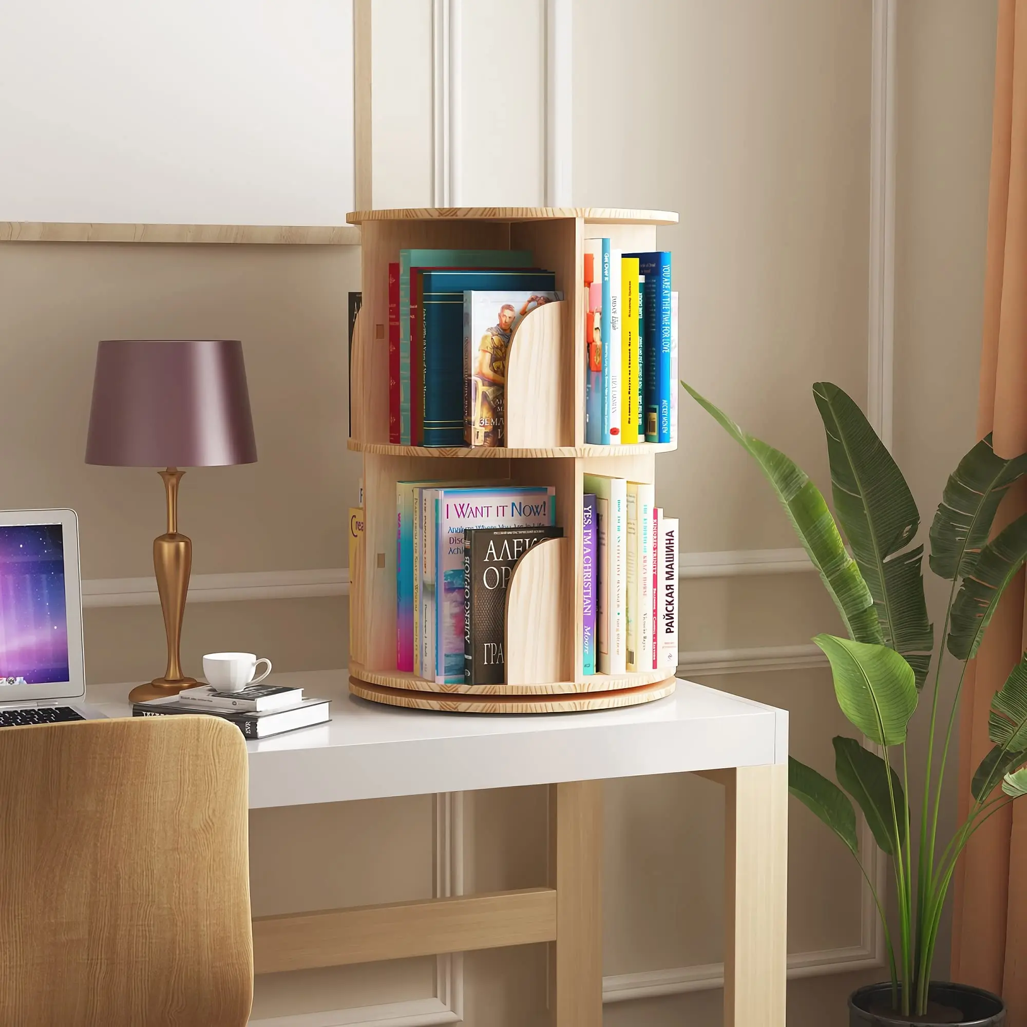 Home 360-Degree Rotating Bookshelf Rotatable Cylindrical Floor-standing Bookcase Children's Floor-standing Simple Storage Rack