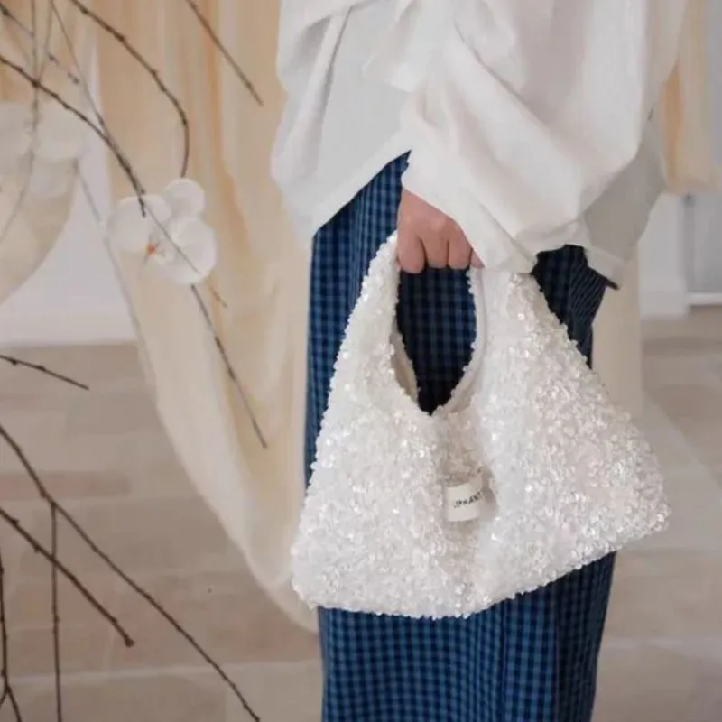 

JIAERDI Pure White Sequined Handbag Women Exquisite Small Hobo Bucket Bag Ladies Fashion Premium Design Versatile Purse 2025 New
