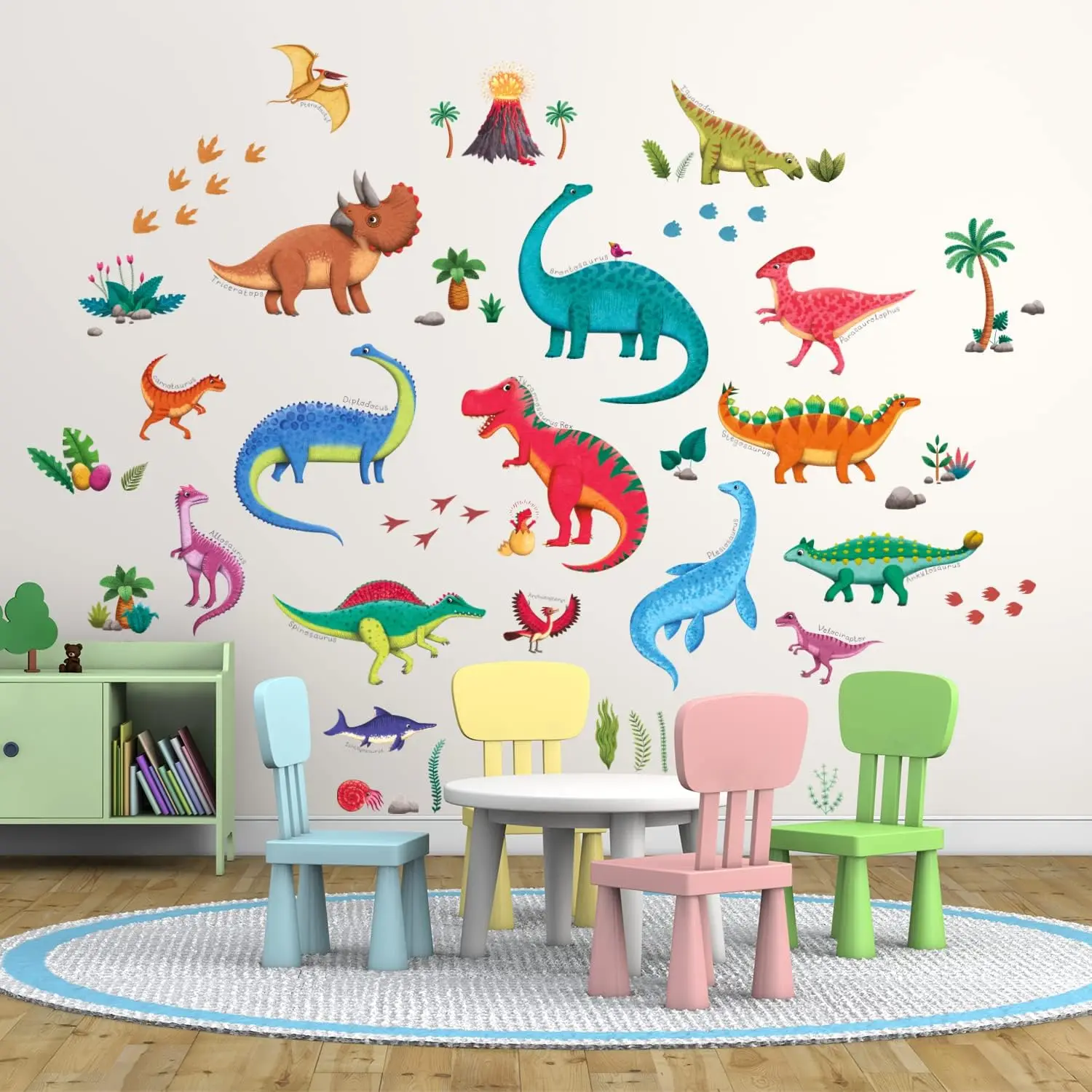 Watercolor Dinosaur Wall Stickers Baby Nursery Kids Room Jungle Animal Dino T-rex Wall Decals Playroom Bedroom Home Decor