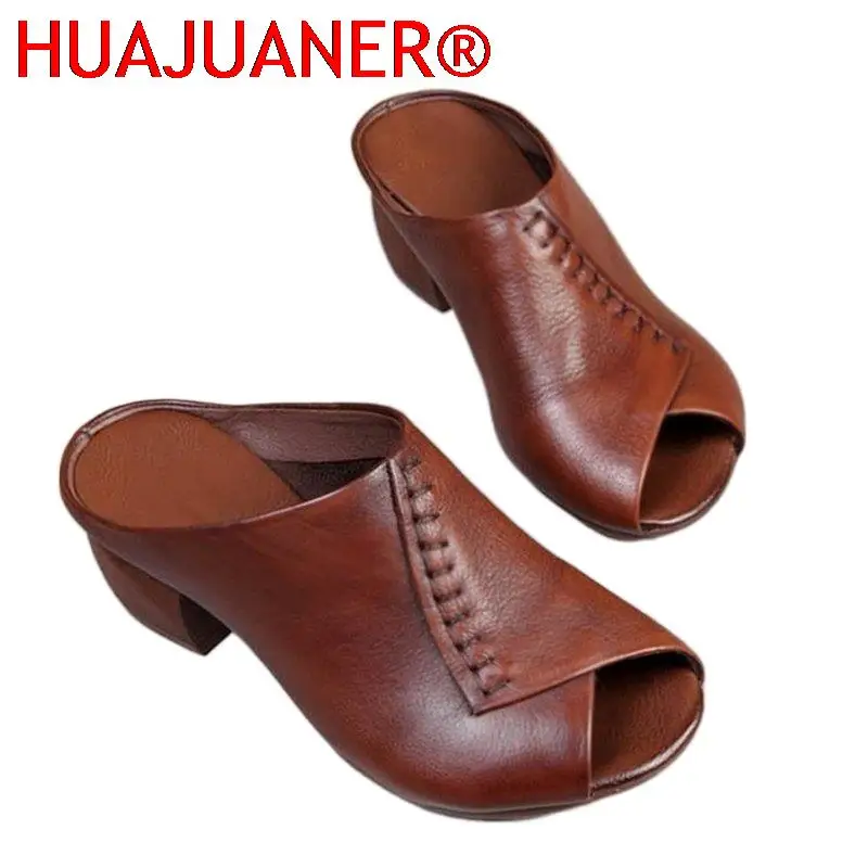 Women Thick-heeled Soft Leather Outer Slippers Fish Mouth Comfortable Versatile Mid-heeled Women Sandals Women's Mother's Shoes