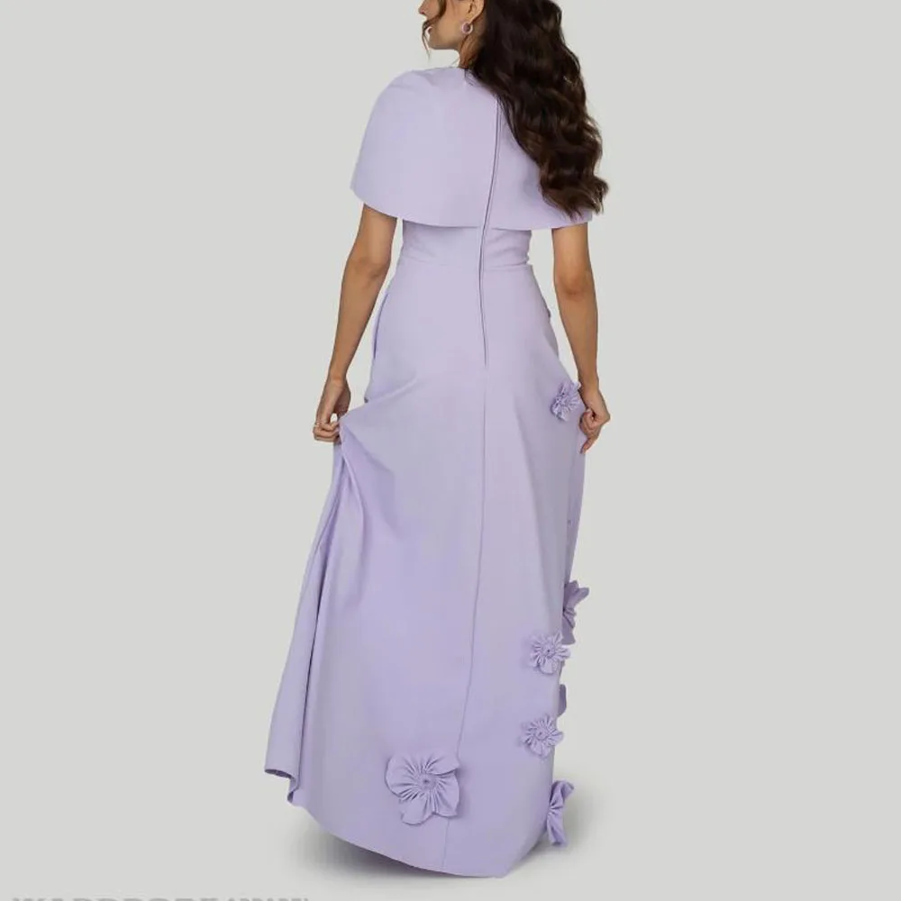 Vestido de noite personalizado com manga de capa e flor artesanal, linha a, vestidos de convidados de casamento, gola redonda, vestidos formais de cetim