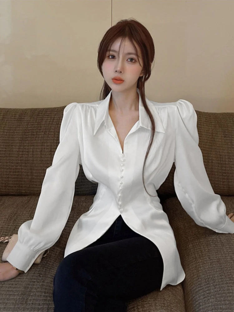 리본 새틴 여성 탑 Y2k 패션 예쁜 우아한 젊은 모던 롱 감성 귀여운 실크 여성 셔츠 및 블라우스