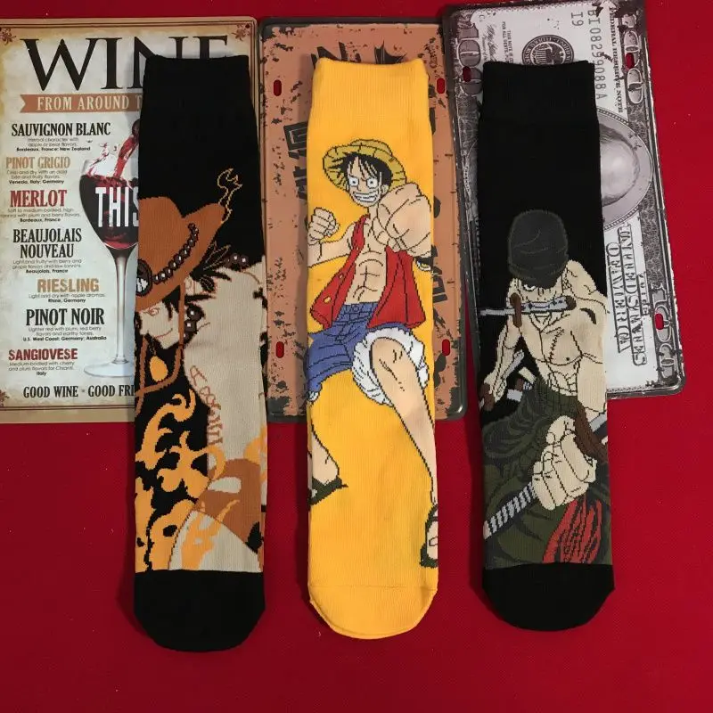 Japanese fashion brand anime cartoon One Piece Luffy Zoro Ace character pattern men and women cotton socks gift wholesale