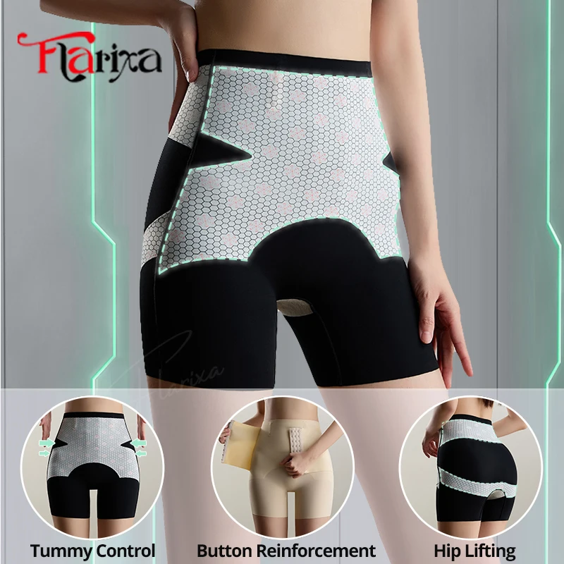 Flarixa High Waist Tummy Control Body Shaper Flat Belly Reducing Panties With Hook Slimming Fajas Women Shorts Hip Lift Pants