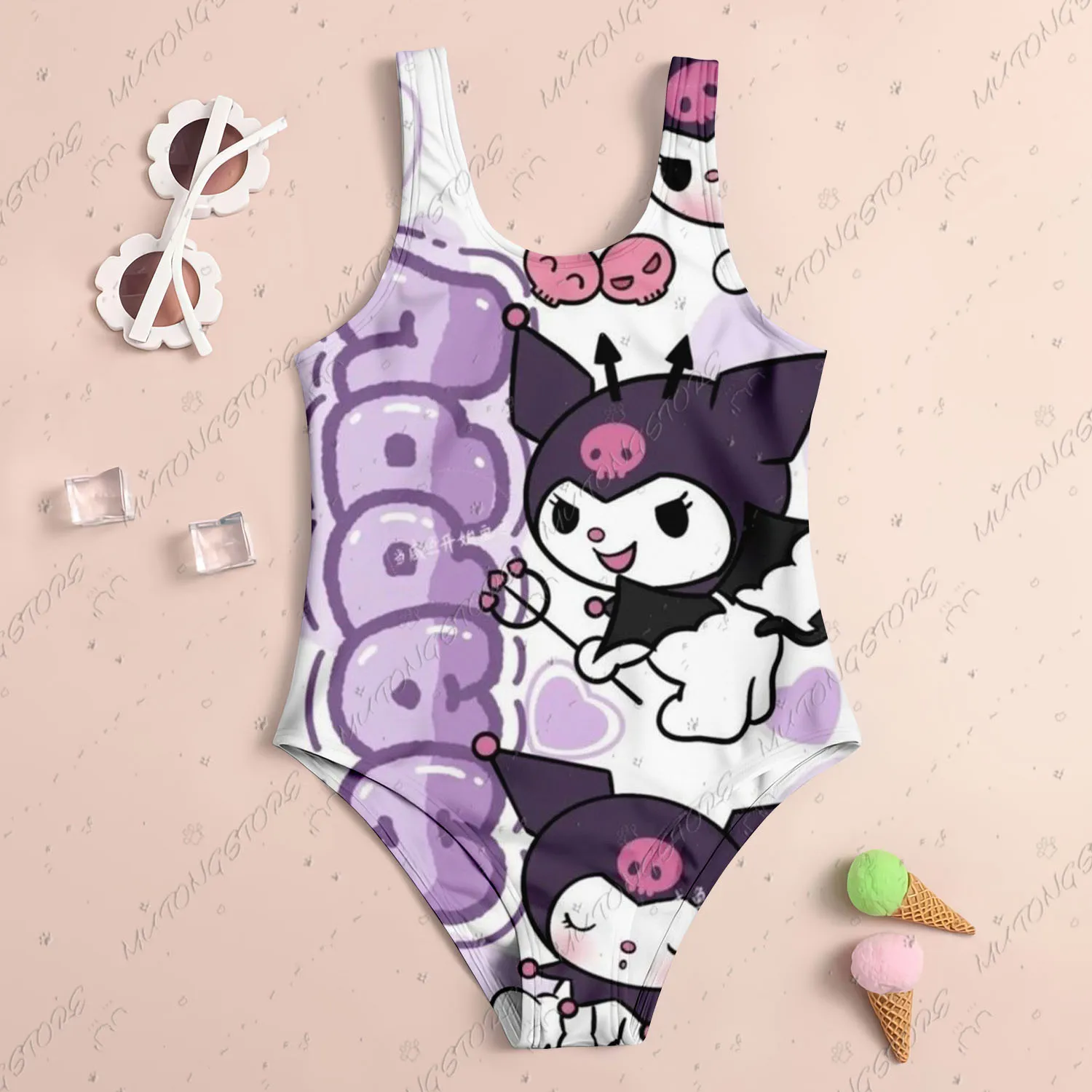 2025 New Cute Children One-Piece Swimsuit Sanrio Kuromi 3D Print Girl Women Swimsuit Soft Breathe Kids Summer Seaside Clothes