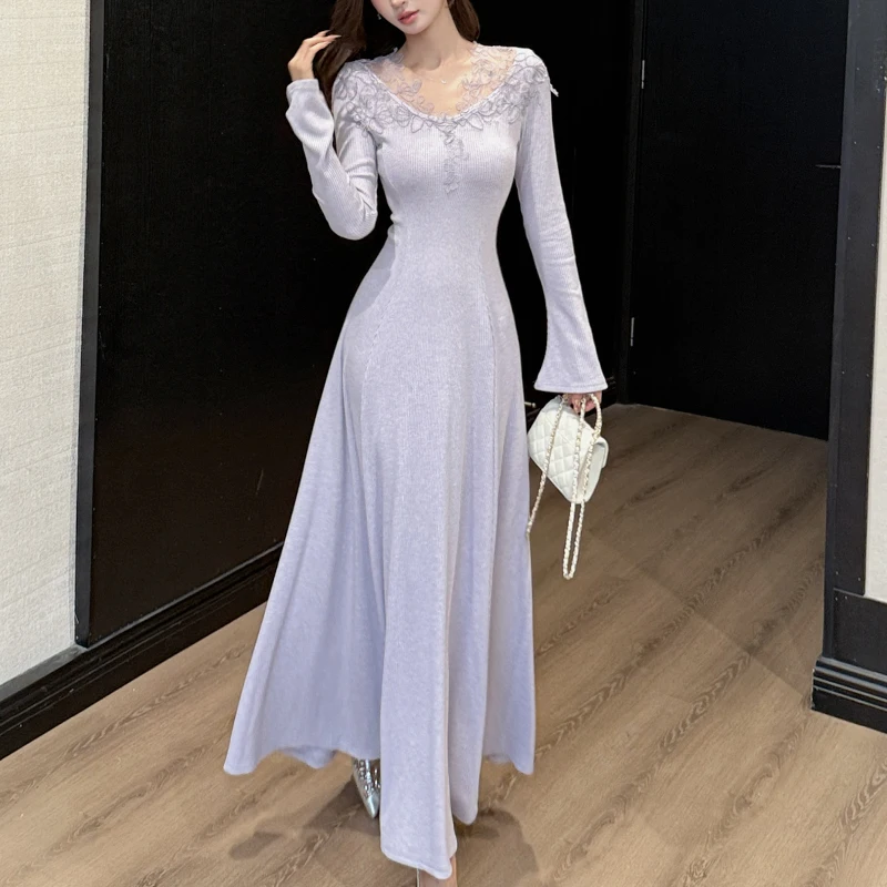 

Lace V-neck Knit Dress Women Long Sleeve Fall Winter Stretch Slim Long Dress High Waist Maxi Dress Female 2026 Vestidos Mujer