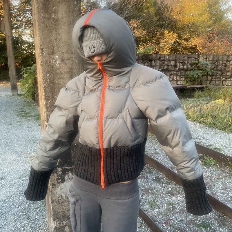 Winter Gray All-Matching Thick Warm Wool Rib Two Weeks Methods Aerospace Hat down Jacket Women's Warm Coat Short Chic Hooded