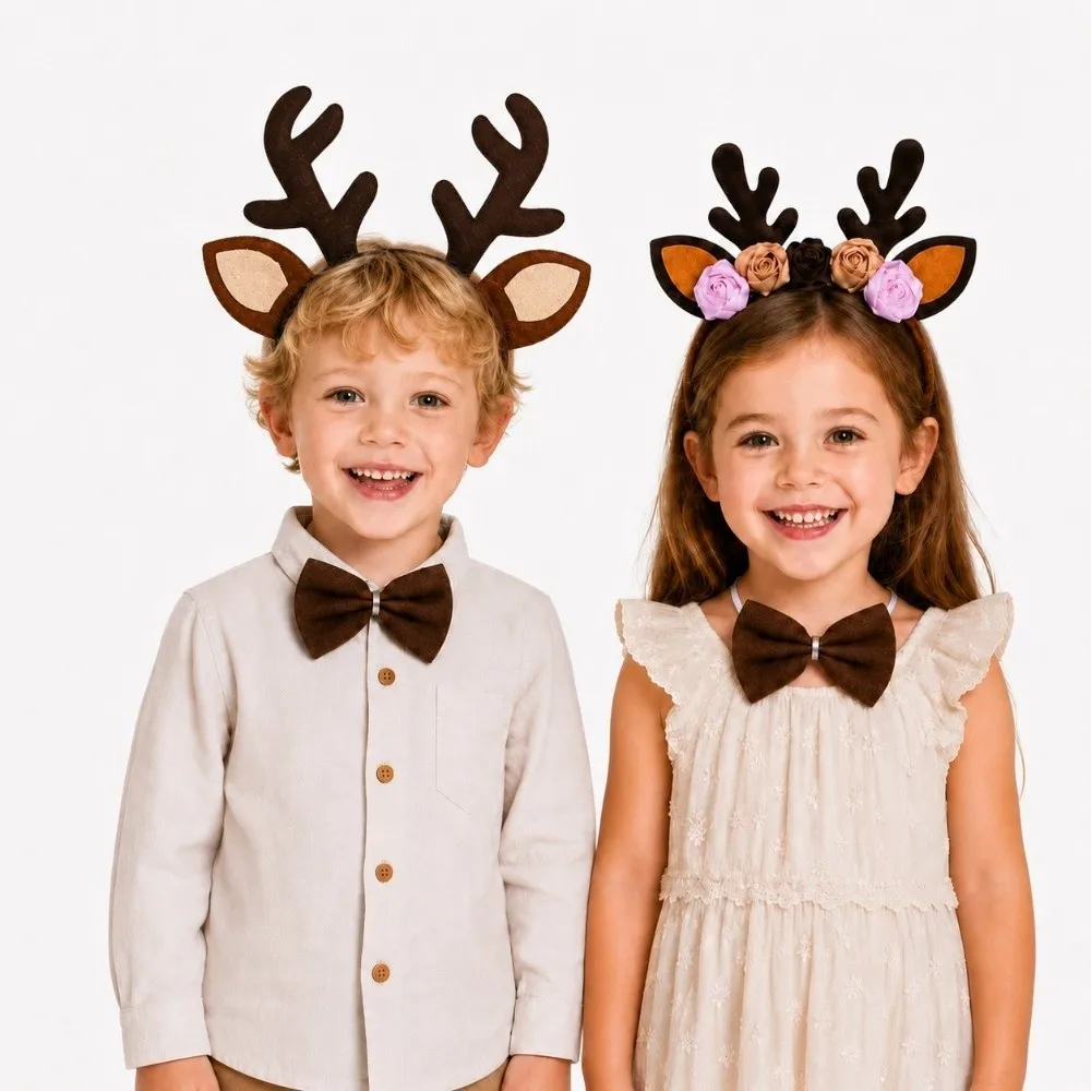 Cute Antler Elk Costume Set Bow Tie Flower Christmas Headband Tail Hair Accessories Reindeer Hair Hoop