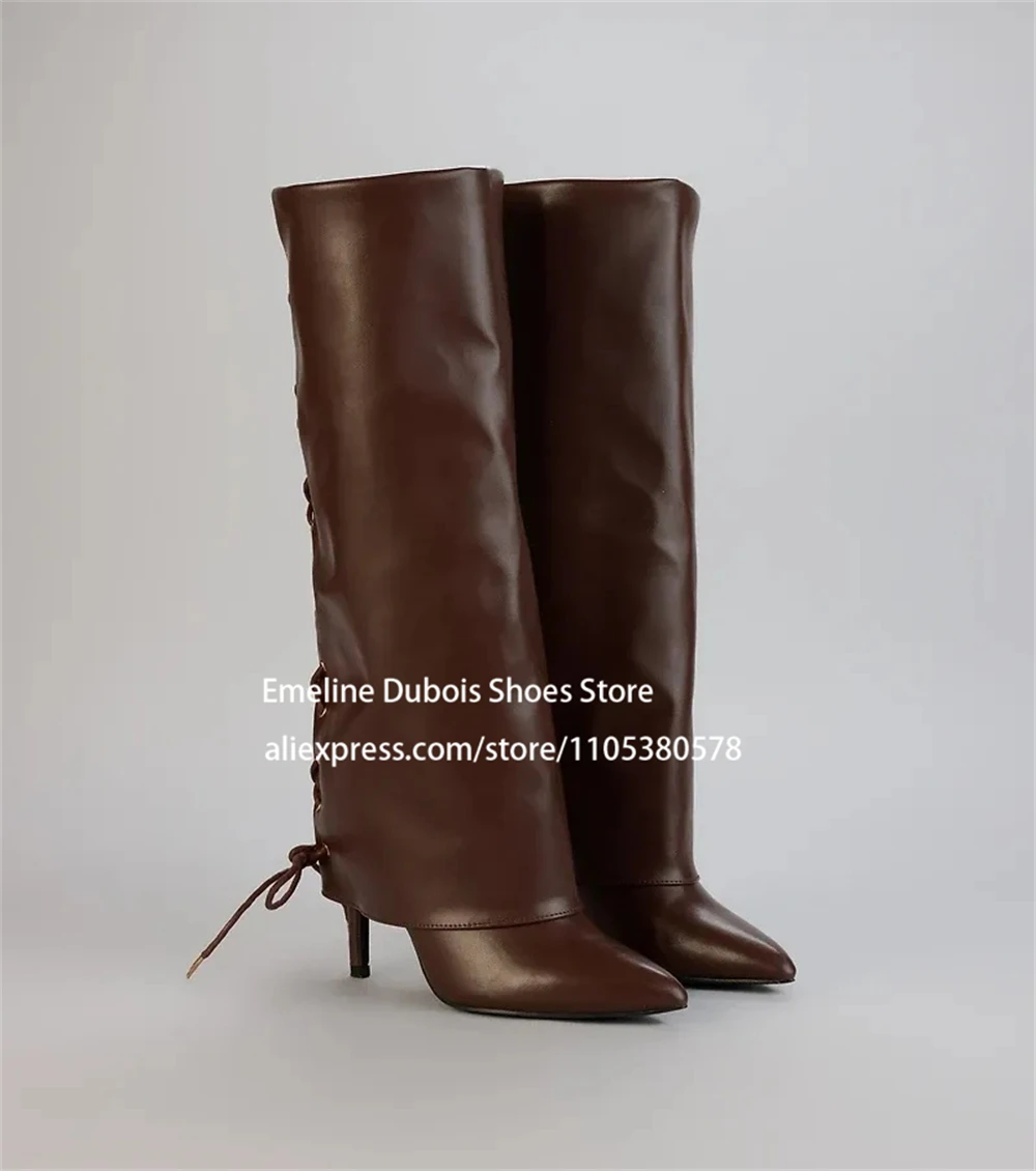 

Leather Back Lace up Knee High Stiletto Boots for Women Pointed Toe Thin High Heel Long Boots Commute Party Fashion Dress Boots