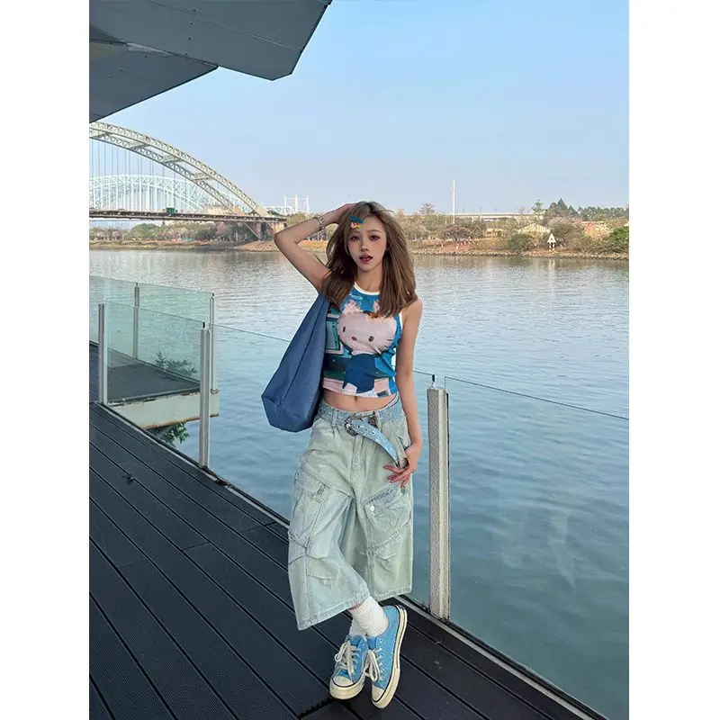 Deeptown Vintage Washed Women Cargo Jeans Pocket Wide Leg American Style Denim Pants Baggy High Waist Casual Streetwear Summer