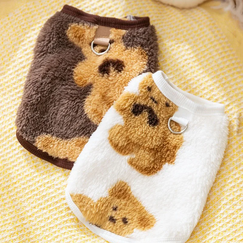 

Cute Bear Pattern Pet Fleece Coat Winter Dog Clothes Teddy Thickened Warm Vest Puppy Casual Open Button Shirt with Traction Buck