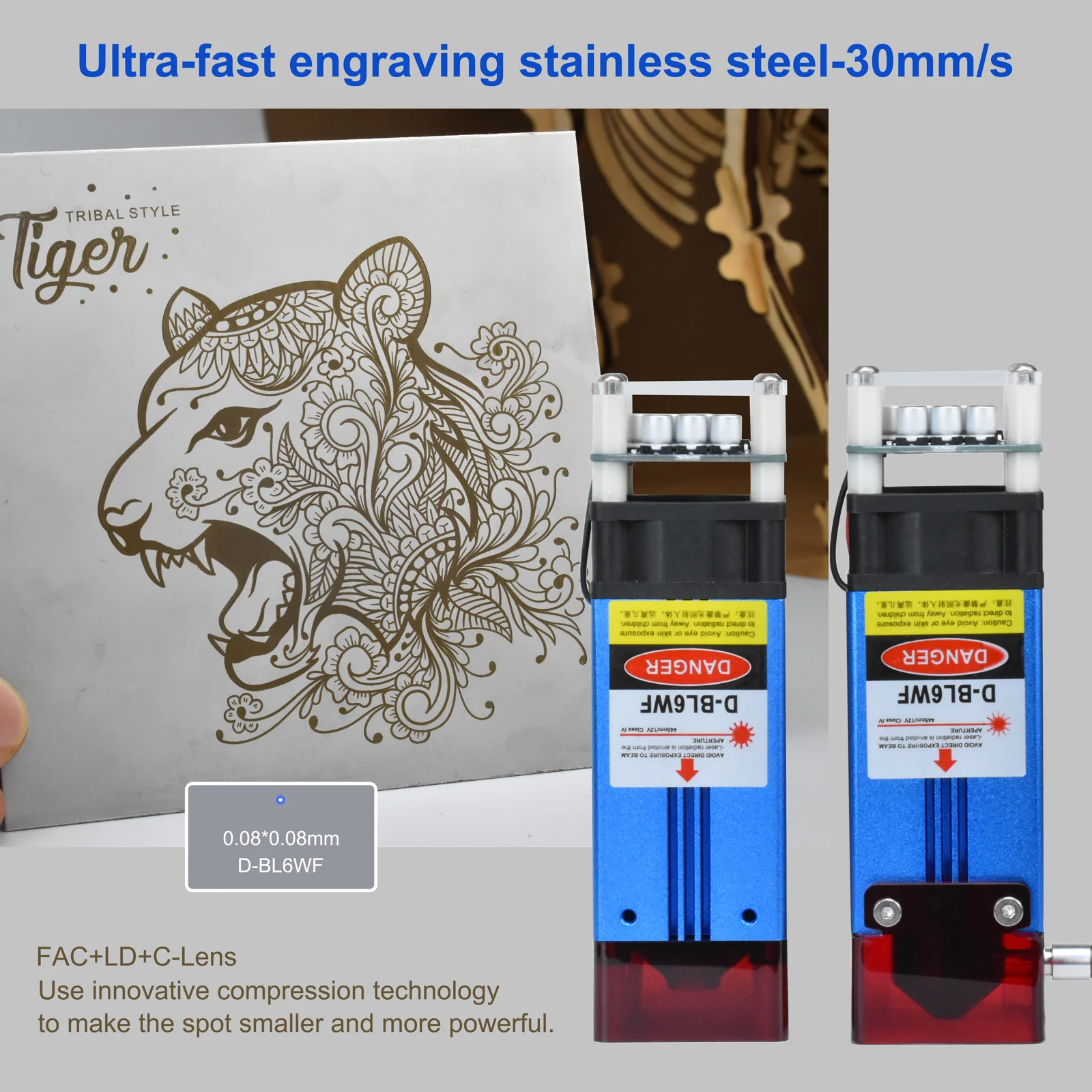 60W Laser Engraver Module for CNC Laser Cutting Engraving Writing Machine 450nm Compressed Spot Technology Fixed-focus Tool Head