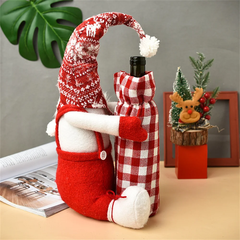 Christmas Wine Bottle Covers Cute Plaid Faceless Santa Doll Wine Decorative Cover Ornaments Xmas Party Decoration