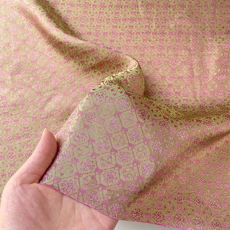Silk Cotton Jacquard Fabric Pastel Green Check Modern Chinese Hanfu Qipao Luxury Sustainable Cultural Apparel Material