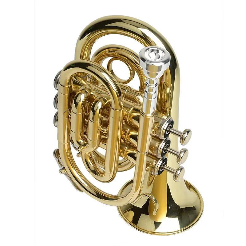 

Popular Gold Mini B Flat Pocket Palm Horn Trumpet Musical Instrument Factory Wholesale Pocket Horn Cornet Three-Key Small Horn