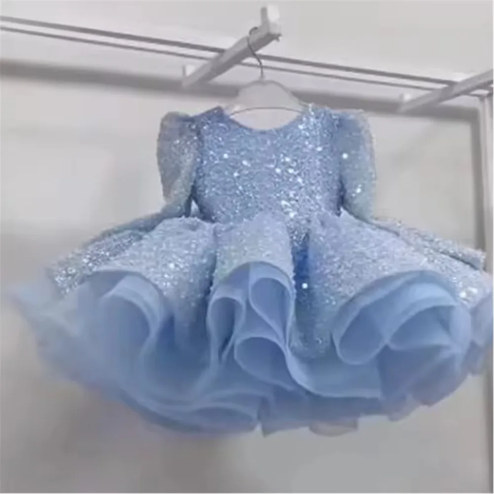 فستان زفاف فتاة الزهور سباركلي مخصص مطرز بأكمام طويلة فستان الأميرة لحفلات أعياد الميلاد والحفلات الراقصة للأطفال فستان التواصل المقدس