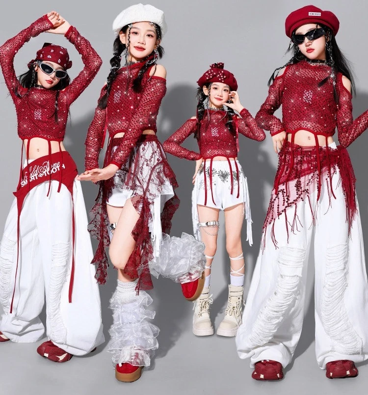 Girls Hip Hop Cool Sequin Crop Hoodies Loose Pants Child Street Dance Costume Kids K-pop Streetwear Jazz Girl Group Clothes Sets
