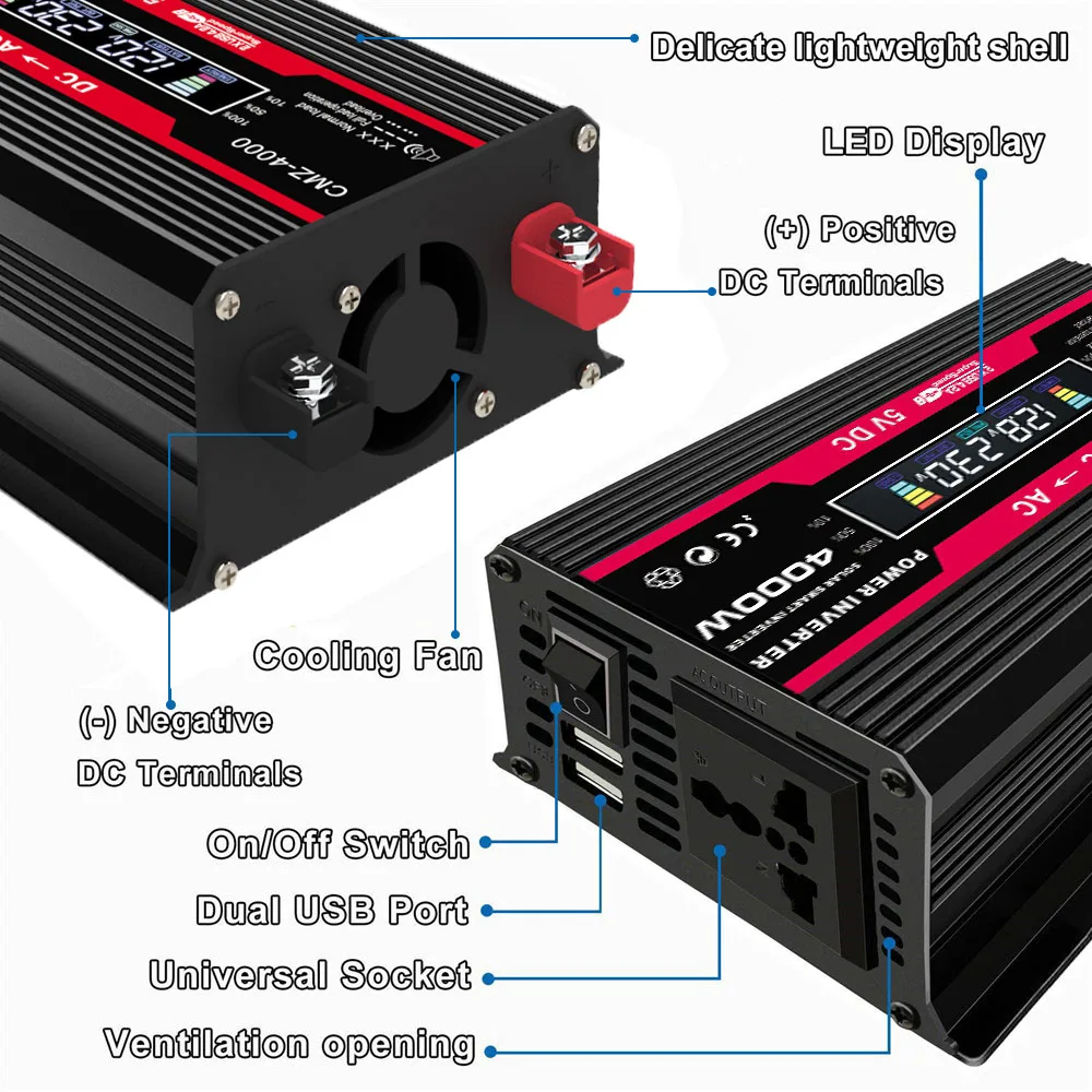 Solar Car Inverters Multiple Protection DC 12V to AC 110V 220V Voltage 4000W 50Hz Converter Sine Wave Inverter Modified