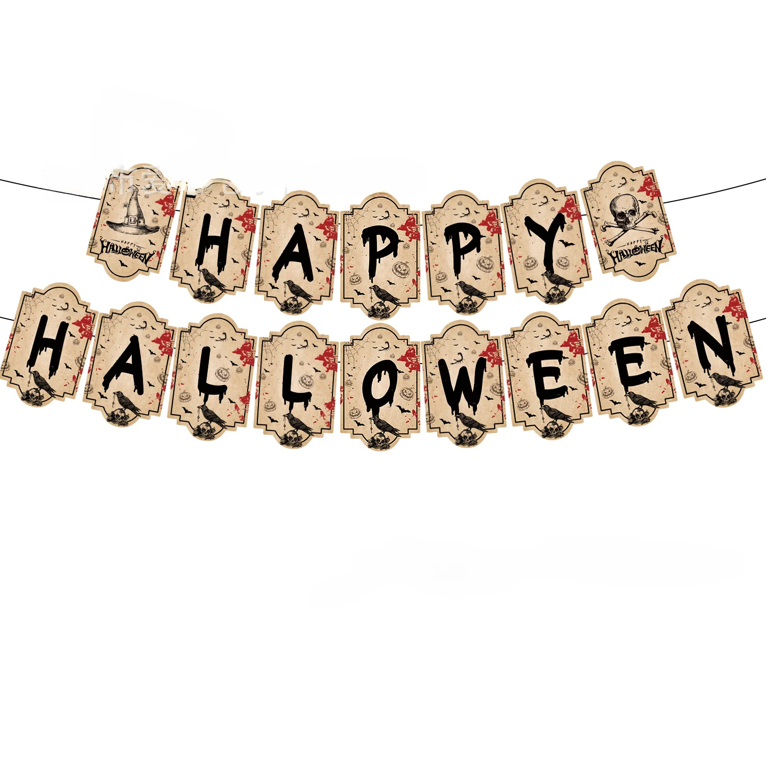 10pcs Skull Halloween Theme Event Party Paper Plate Paper Cup Table Cloth Flag Hanging Decoration Decoration Set