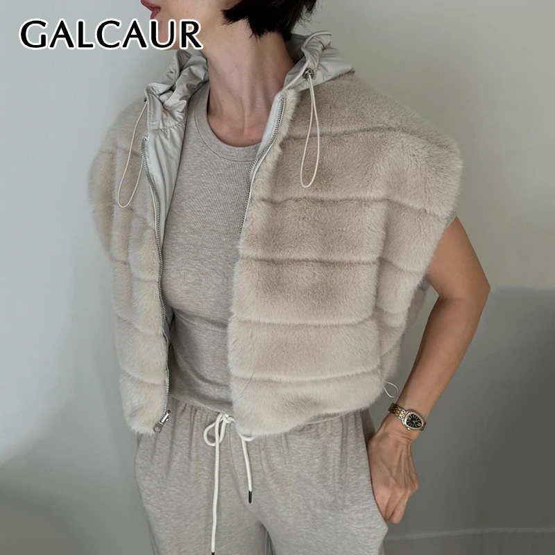 

GALCAUR Casual Spliced Fur Vest For Women Hooded Sleeveless Patchwork Drawsring Solid Zipper Design Winter Tops Female Clothes