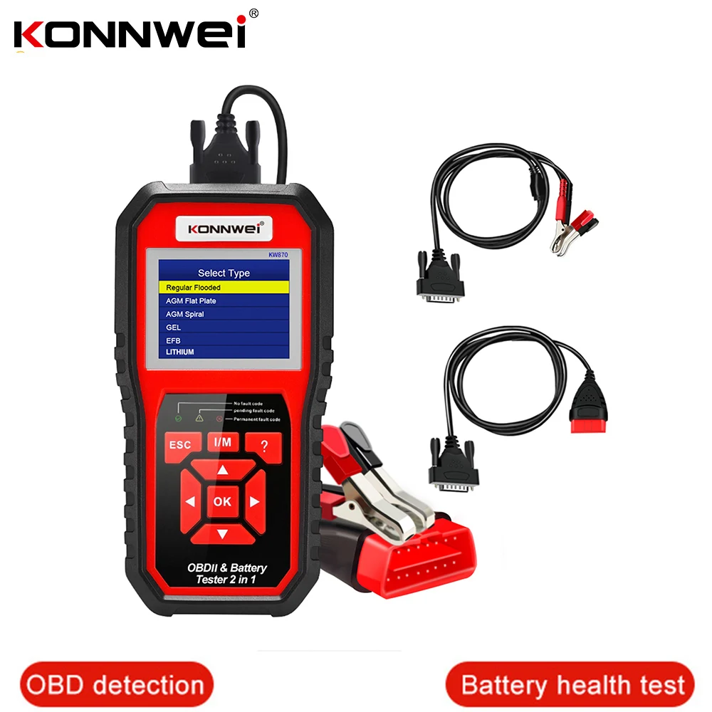 

KONNWEI KW870 6V 12V Car Motorcycle Battery Tester OBD2 Diagnostics Tool Scanner 2 in1 Cranking Charging Test Tools for the Car