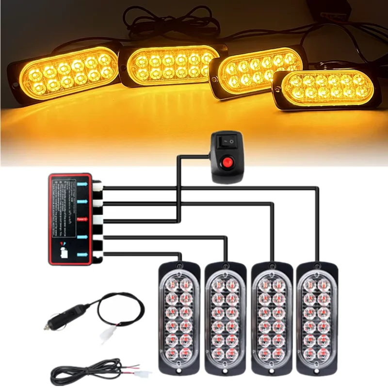 

4x12 LED Car Strobe Lights Front Grille Lighting Beacon Light 12V Emergency Strobe Lamp Warning Stroboscopes Car Signal Lamp