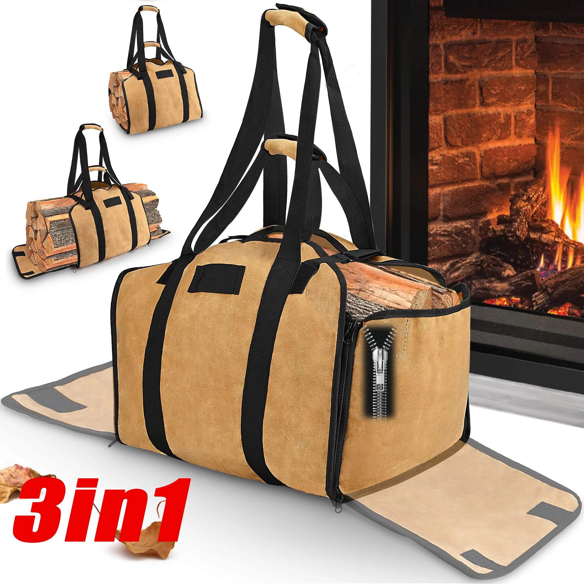 

3-in-1 Waxed Canvas Firewood Carrier Bag, Extra Large Log Tote with Zipper, Durable Firewood Holder for Indoor Fireplace and Out