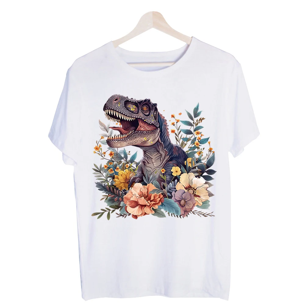 Men's Dinosaur and Floral Graphic Tee, Short Sleeve Crew Neck T-Shirt for Casual Summer Outfits