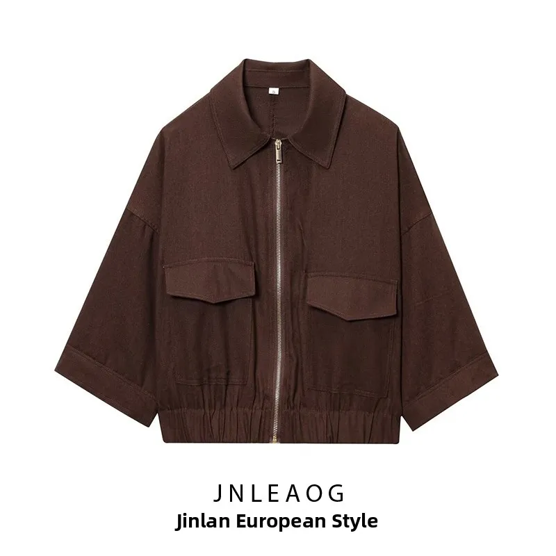

JNLEAOG Новая весенняя женская повседневная куртка свободного кроя из полиэстера с молнией, смесового льна, с длинными рукавами и классическим воротником
