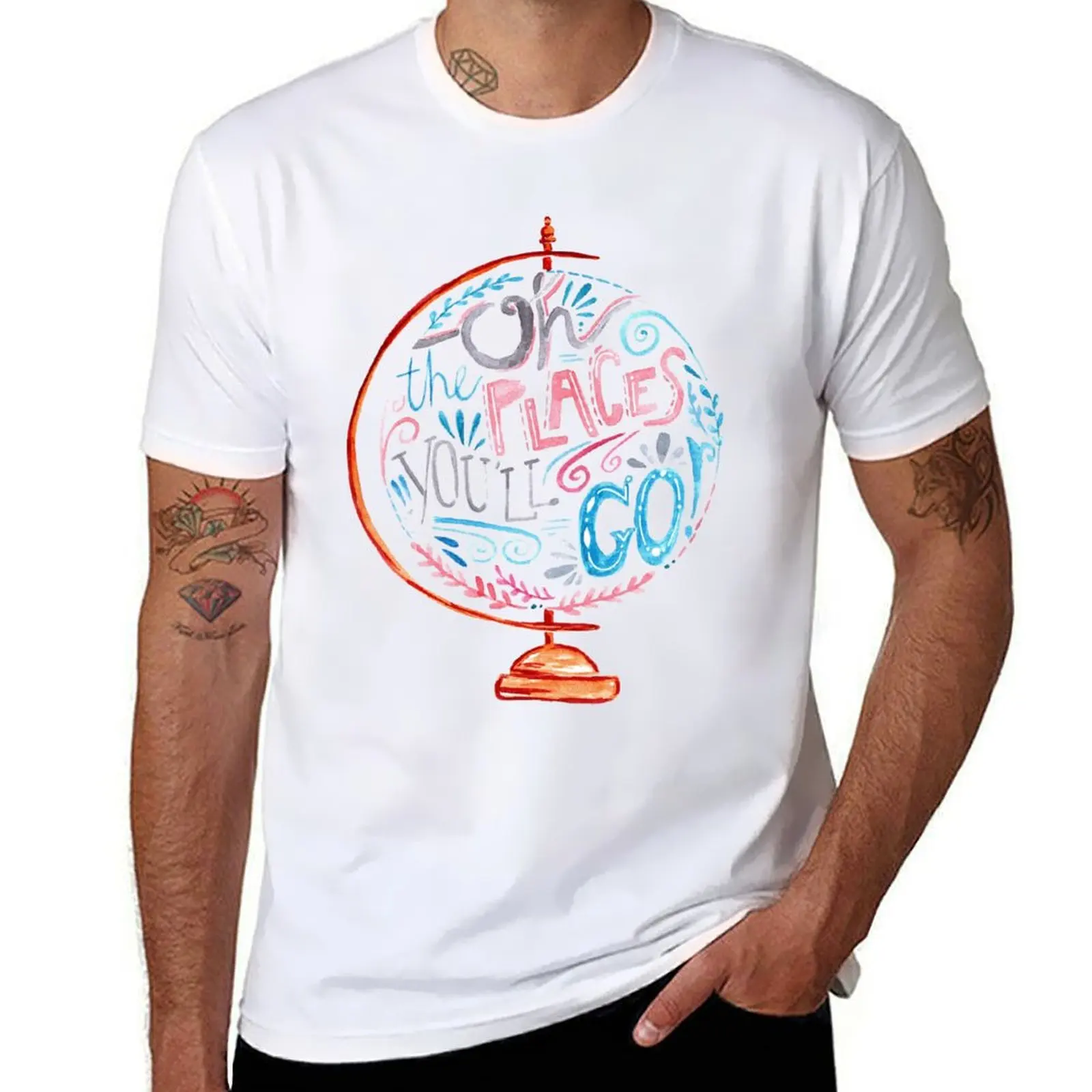 

Oh The Places You'll Go - Typography Vintage Globe in Pink Blue Grey T-Shirt cotton tshirt 100% t shirts cotton 100% T-shirt