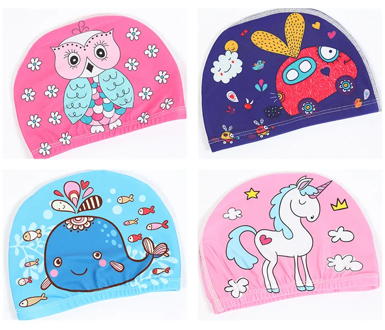 Gorros de natación para niños, niños y niñas, lindos sombreros de playa de dibujos animados, cómodos sombreros de tela, gorros de natación