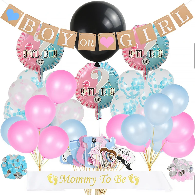 

64Pcs/Set Gender Reveal Party Decorations Boy Or Girl Banner Foil Latex Confetti Balloons Baby Shower Gender Reveal Party Props