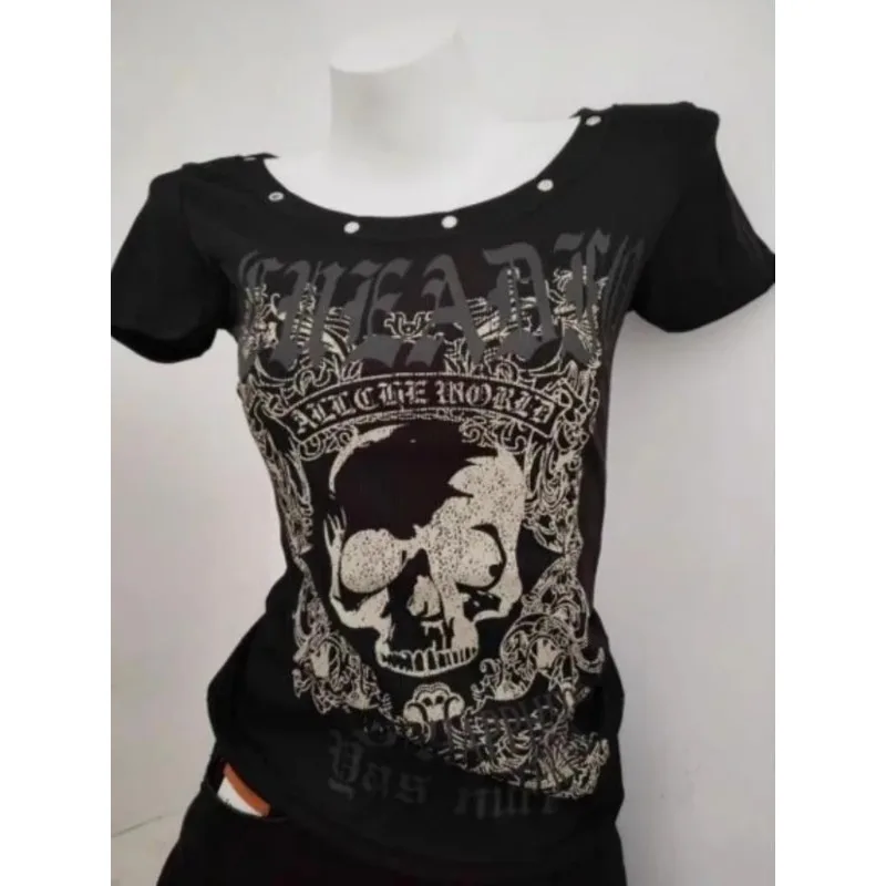 

Укороченные топы Y2k, американская винтажная футболка с короткими рукавами, черные кружевные топы в стиле панк, готический рок, летние футболки в стиле Харадзюку, гот, гранж