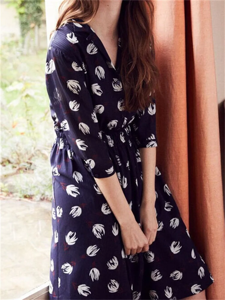 

Women Romantic Style Women Tulip Print Midi Dress Three Quarter Sleeve Ladies Long Dresses with Buttons for Holiday Early Autumn