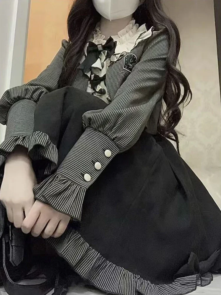 Schattige Lieve Lolita Prinsessenjurk Splitsen Ruches Kraag Strik Hoge Taille Slanke Jurk Lange Mouw Vest Tweedelige Set Voor Dames