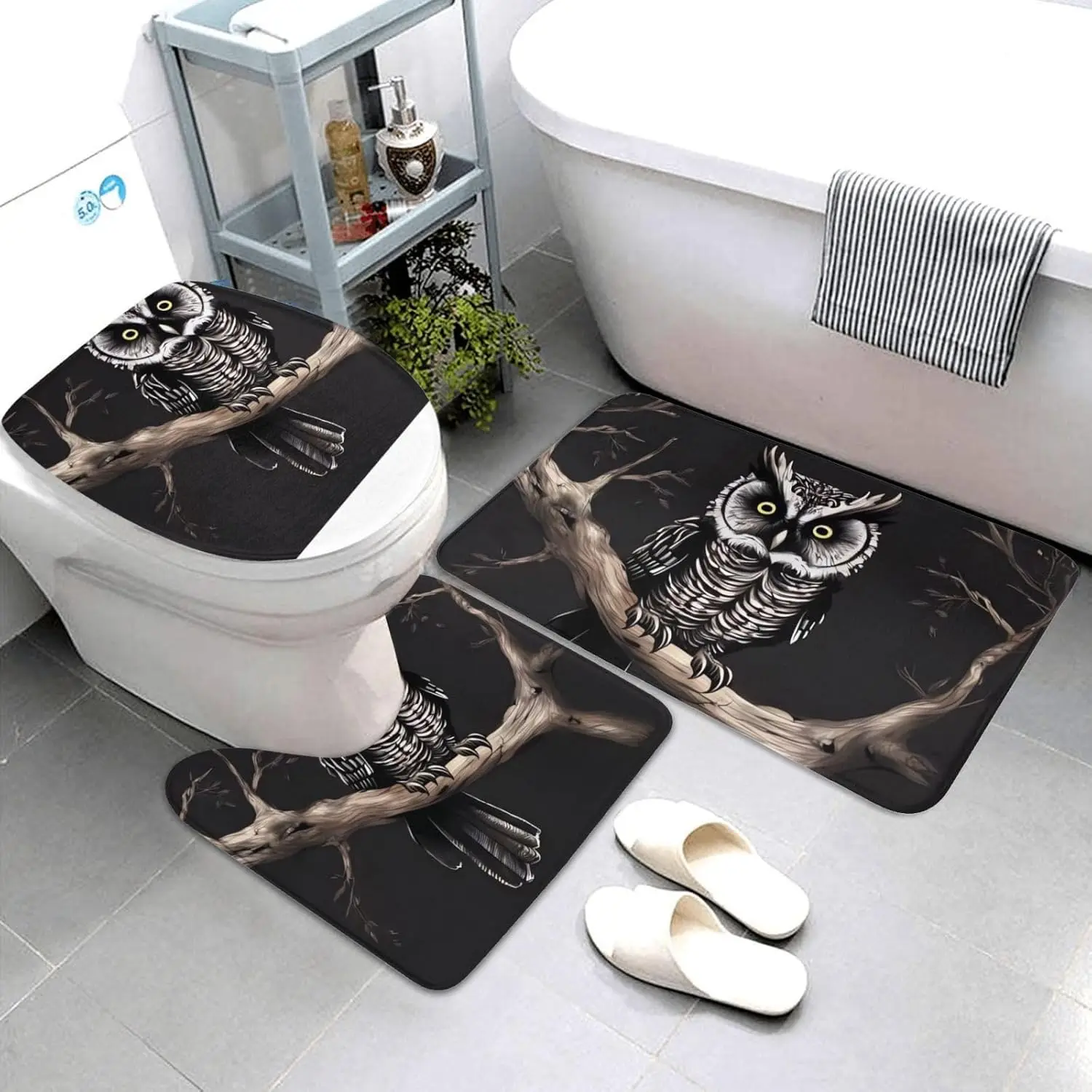 Late Night Owl Bathroom Rug Set - 3 Piece Non Slip Shower Mats with U-Shaped Contour Toilet Mat, Absorbent Microfiber Bath Mats