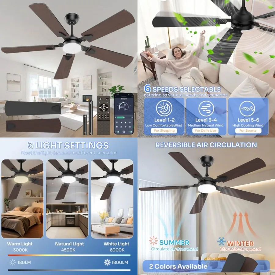 Ceiling Fans with Lights, 52 Inch Modern Ceiling Fans with Lights and Remote Control, DC Reversible Motor, Noiseless, 3CCT, Cei