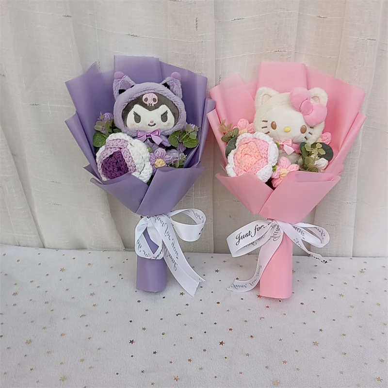 

Kuromi Hello Kitty Cinnamoroll плюшевая игрушка-кукла с шерстяным букетом розы ручной работы на День святого Валентина, подарки на Рождество и день рождения
