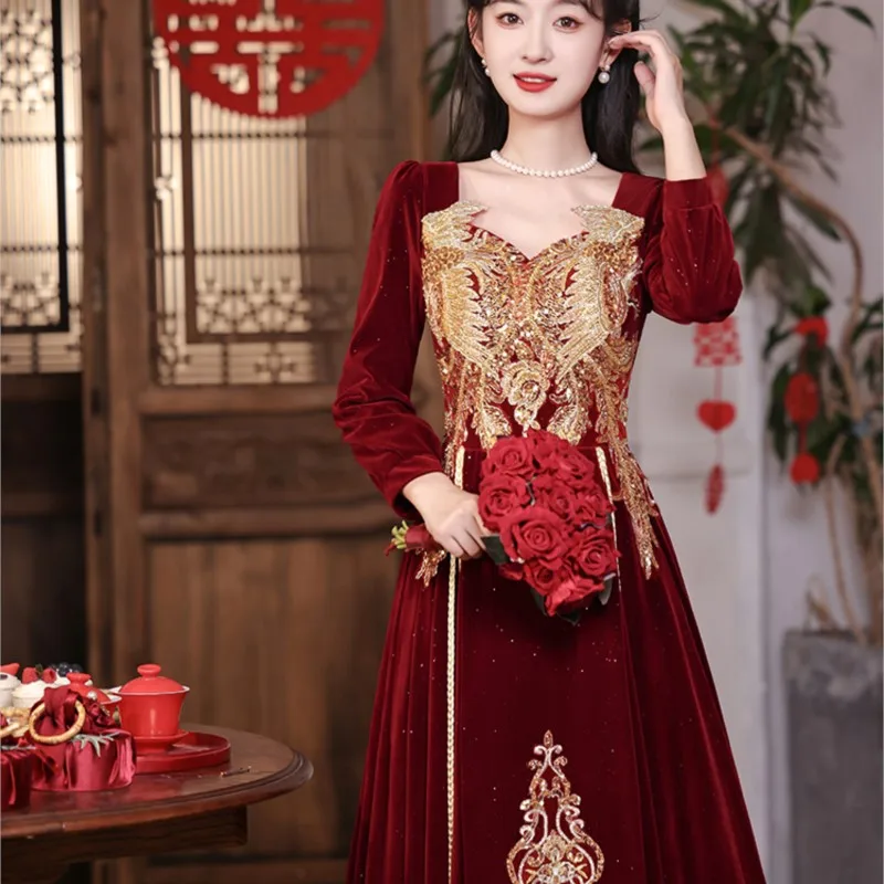 High Quality |Large Size Toasting Wine Red Long Sleeve Velvet New Chinese Fashion Women Dress